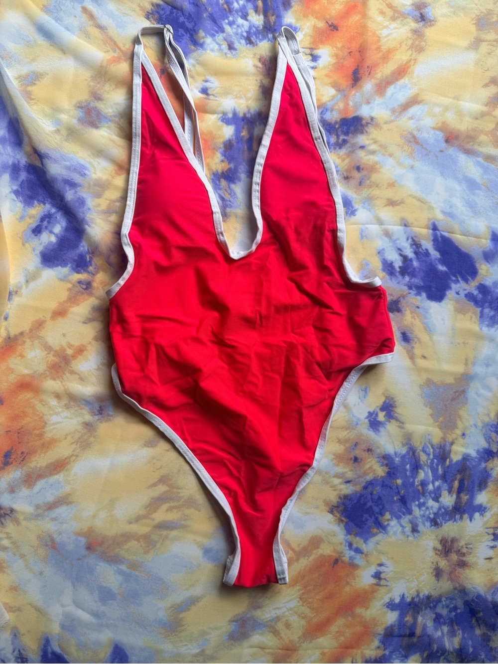 size s - 🌴plunge bright coral/pink one-piece swimsuit with white trim🌴
